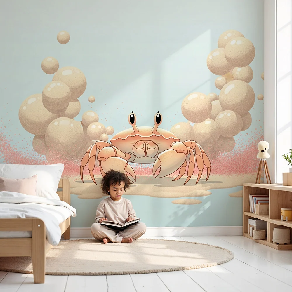 Papier peint chambre enfant | Crabe amusant entouré de bulles et de sable
