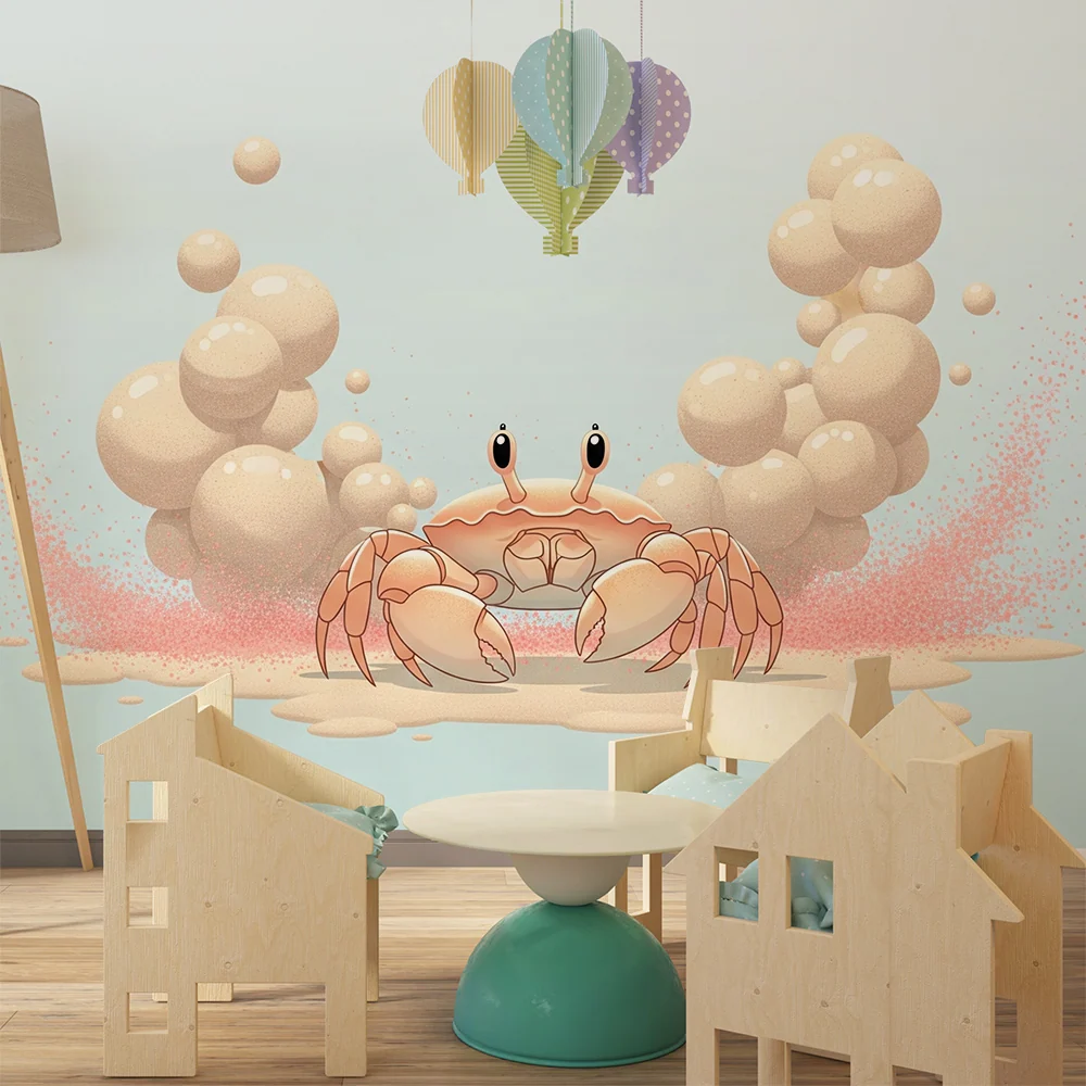Papier peint chambre enfant | Crabe amusant entouré de bulles et de sable