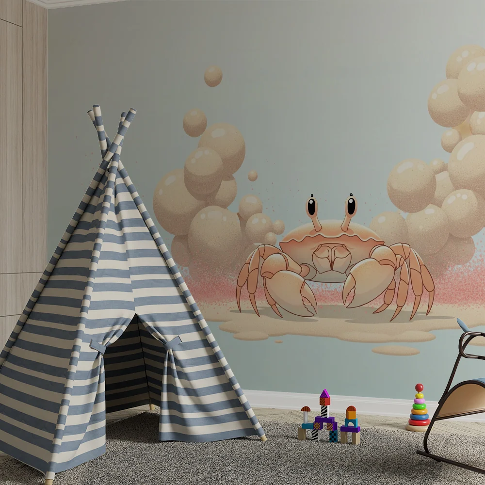 Papier peint chambre enfant | Crabe amusant entouré de bulles et de sable