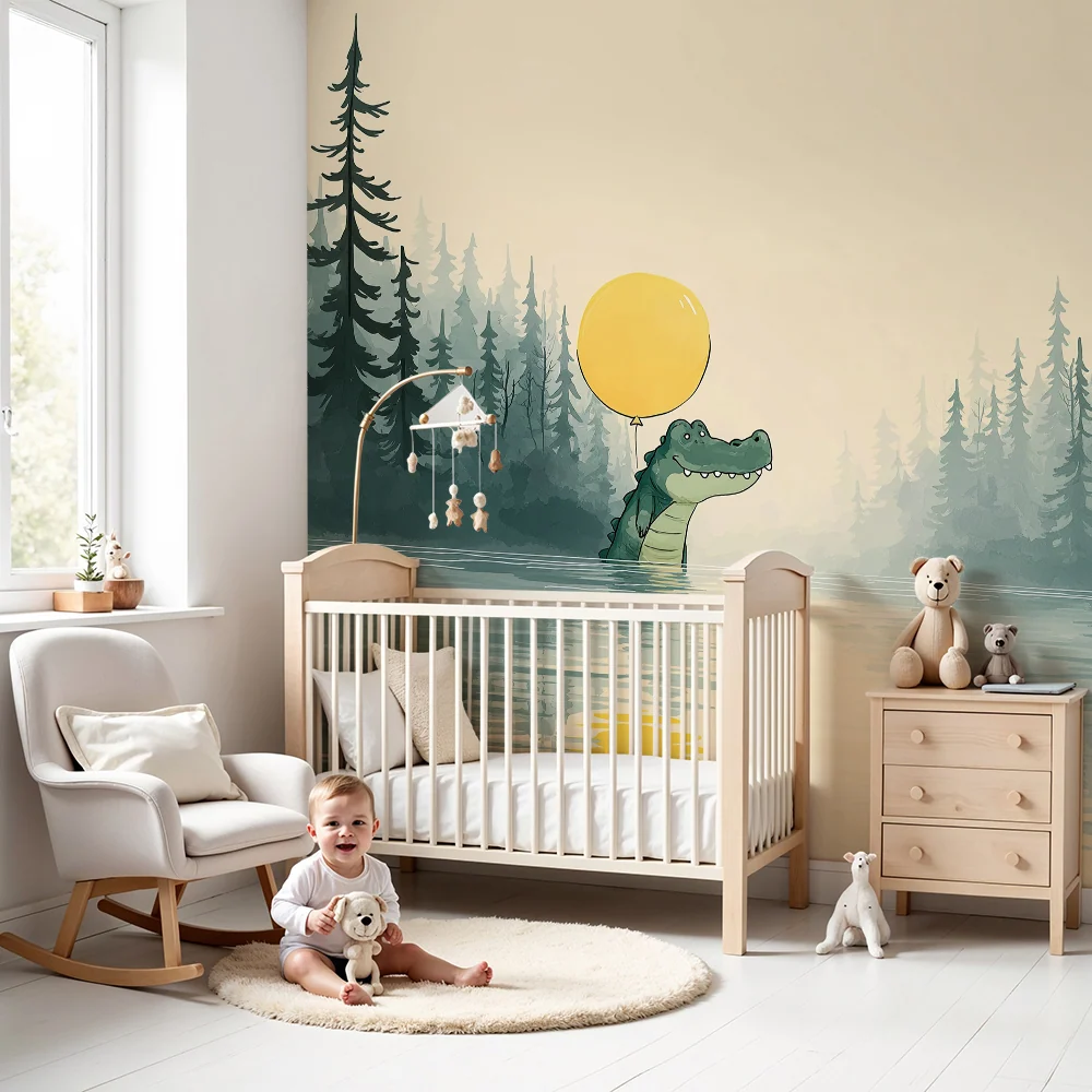 Papier peint chambre enfant | Crocodile joyeux avec un ballon au bord d'un lac paisible