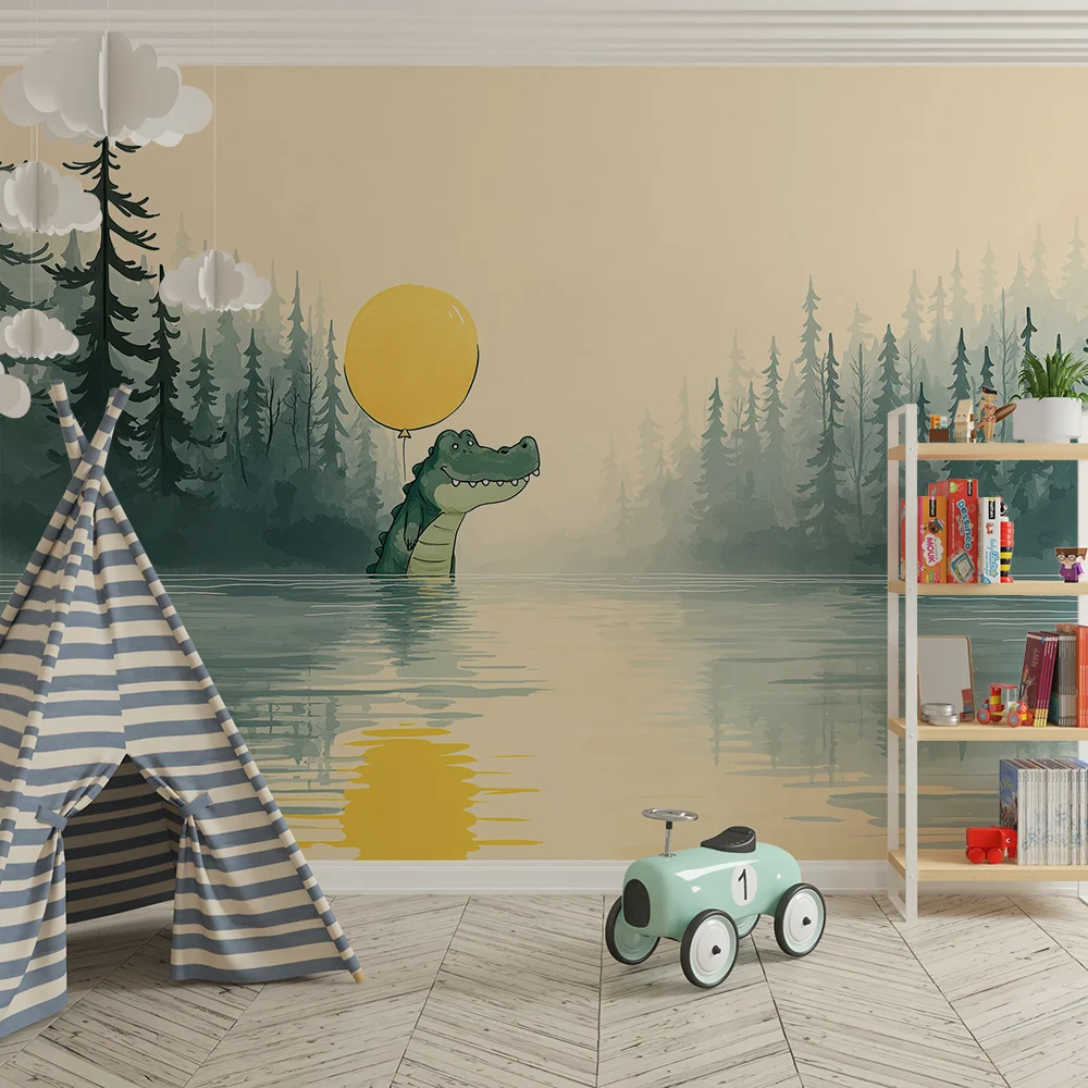 Papier peint chambre enfant | Crocodile joyeux avec un ballon au bord d'un lac paisible