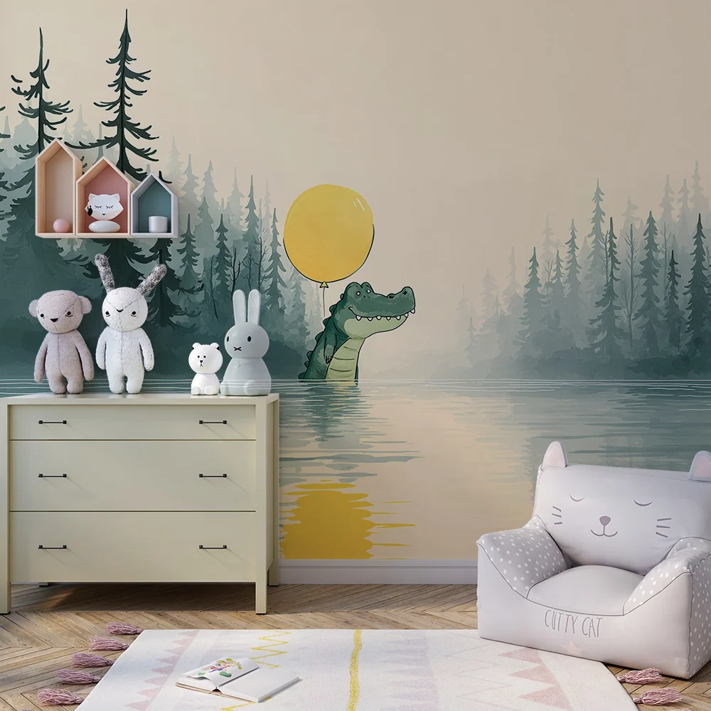 Papier peint chambre enfant | Crocodile joyeux avec un ballon au bord d'un lac paisible