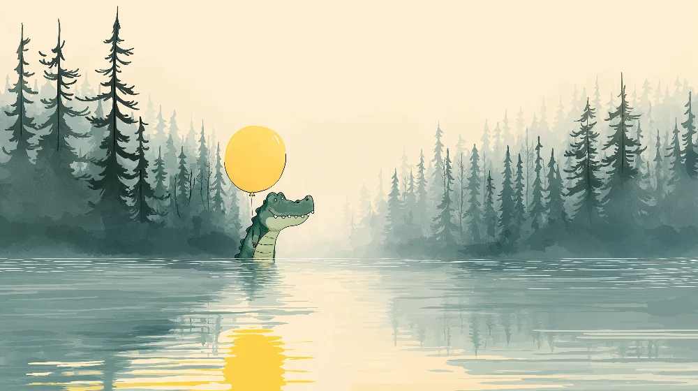 Papier peint chambre enfant | Crocodile joyeux avec un ballon au bord d'un lac paisible