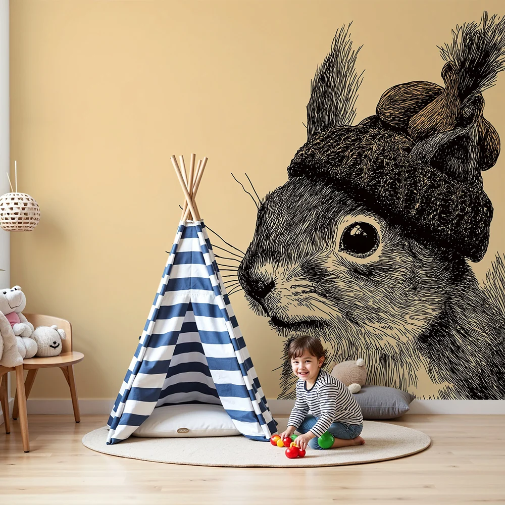 Papier peint chambre enfant | Écureuil mignon avec bonnet sur fond beige