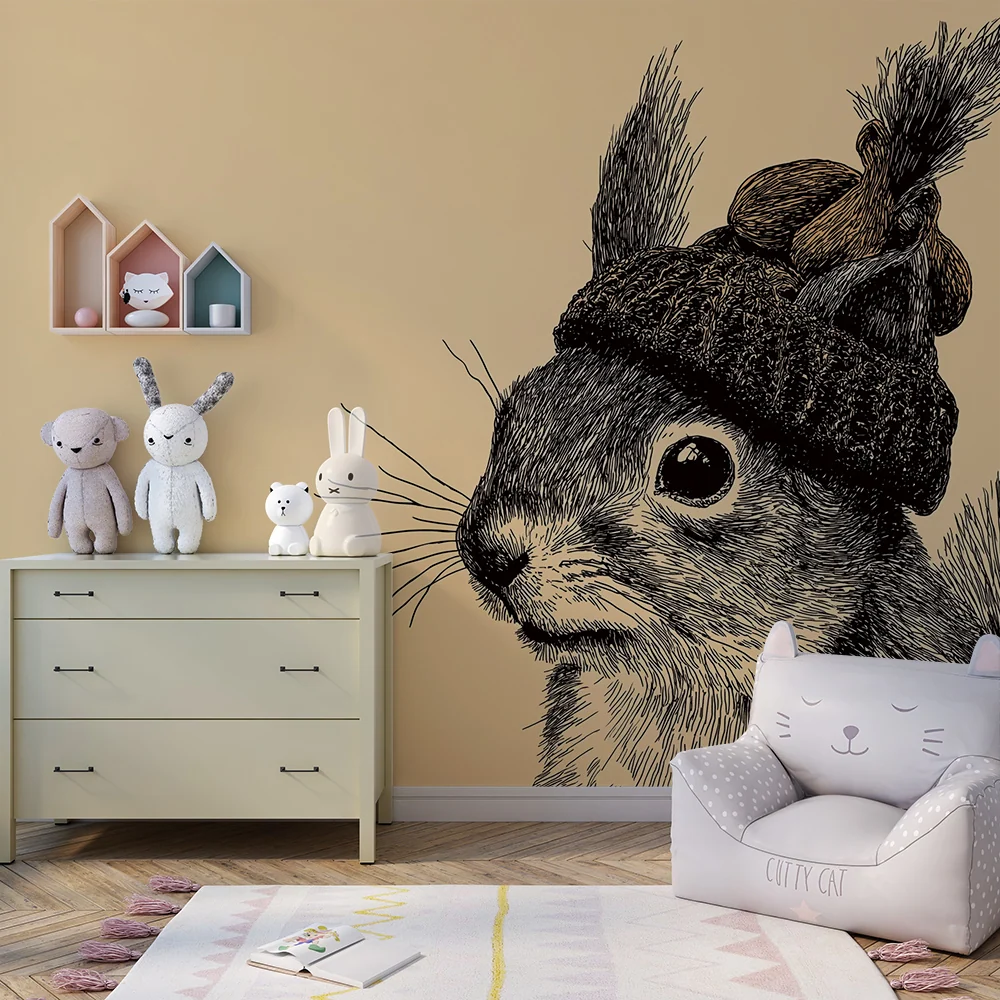 Papier peint chambre enfant | Écureuil mignon avec bonnet sur fond beige