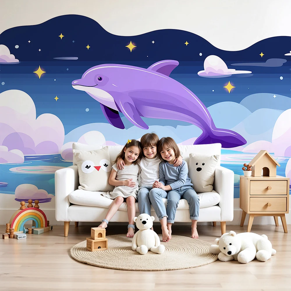 Papier peint chambre enfant | Dauphin violet sautant dans un océ étoilé