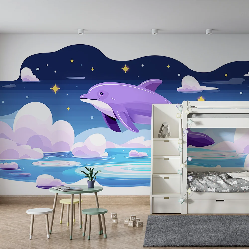 Papier peint chambre enfant | Dauphin violet sautant dans un océ étoilé