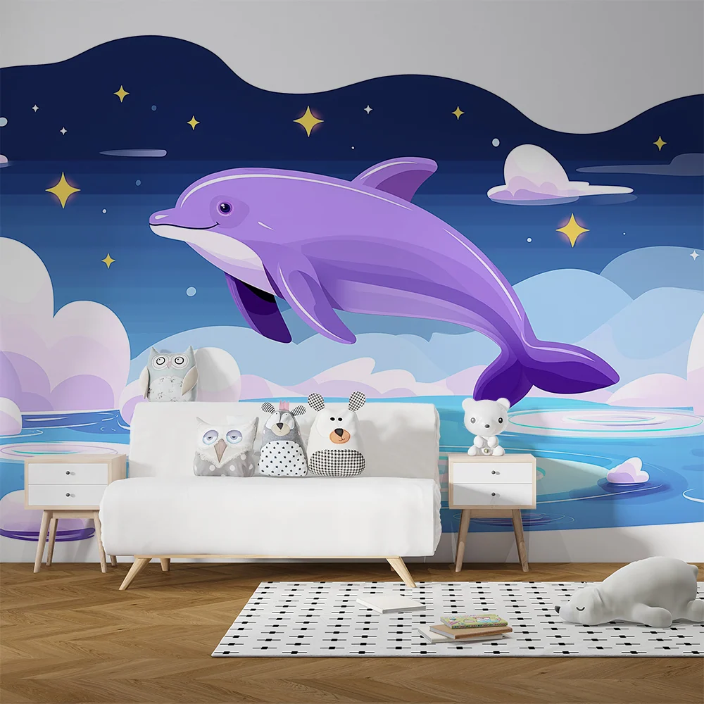 Papier peint chambre enfant | Dauphin violet sautant dans un océ étoilé