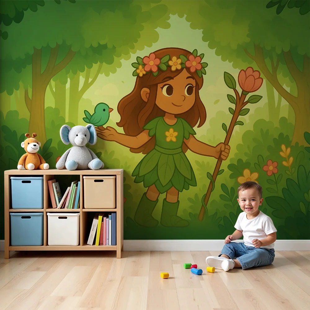Papier peint chambre enfant | Fée des bois et flore enchantée