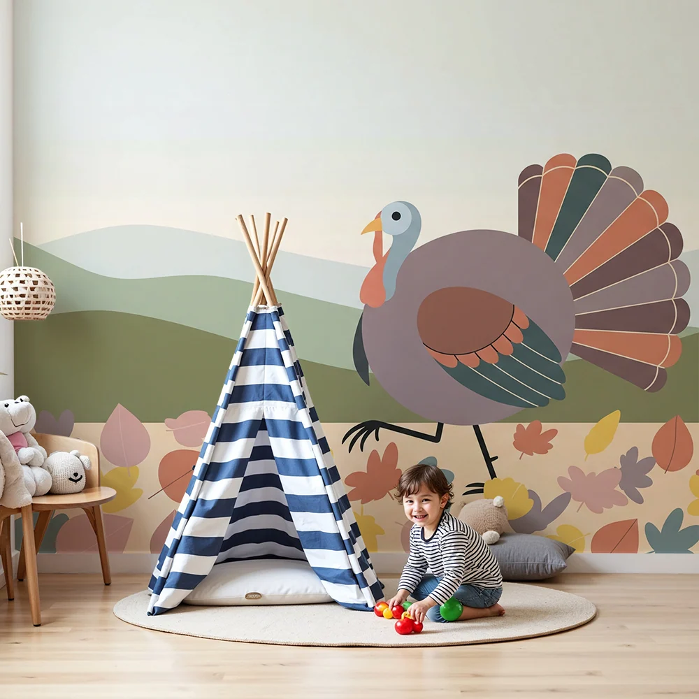 Papier peint chambre enfant | Dinde colorée au milieu des feuilles d'automne