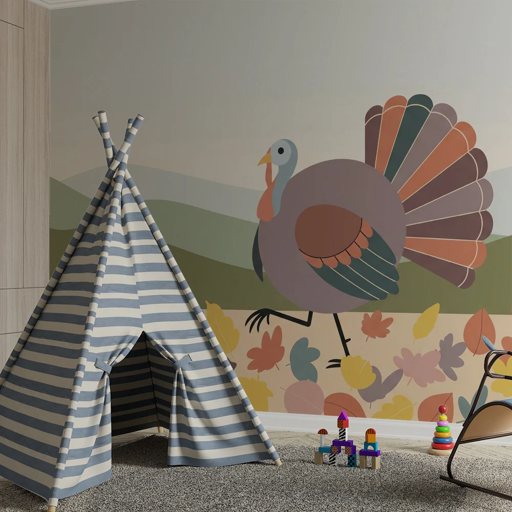 Papier peint chambre enfant | Dinde colorée au milieu des feuilles d'automne