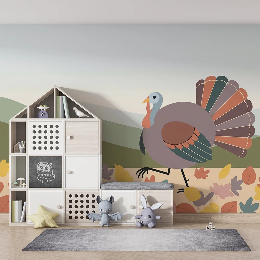 Papier peint chambre enfant | Dinde colorée au milieu des feuilles d'automne