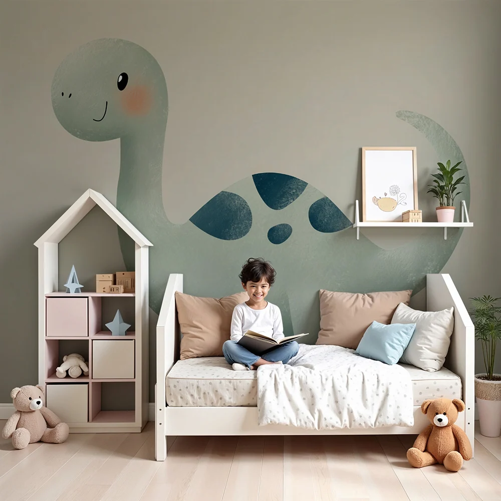 Papier peint chambre enfant | Dinosaure amical vert