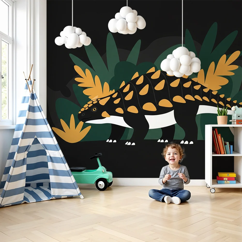 Papier peint chambre enfant | Dinosaure coloré dans une jungle stylisée