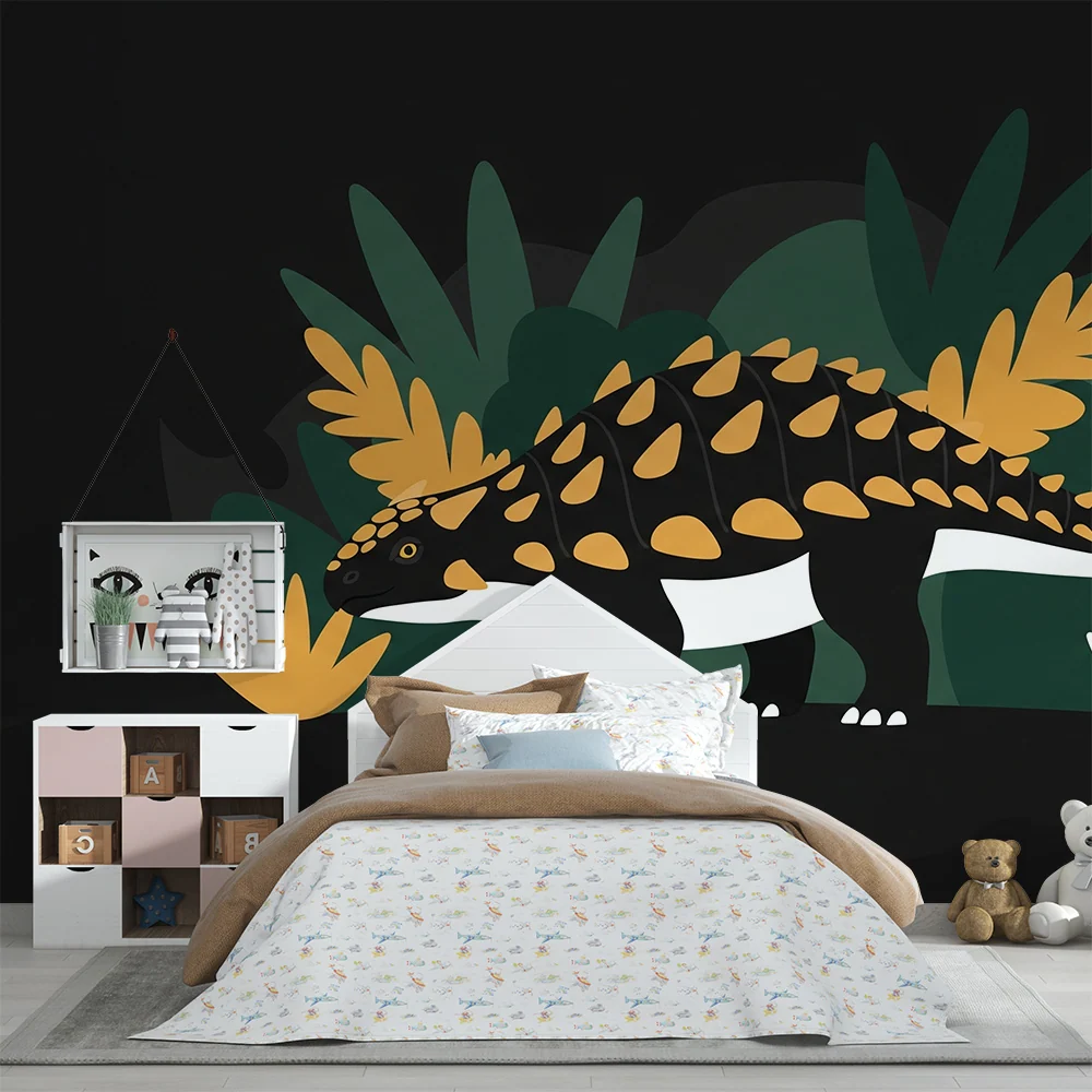 Papier peint chambre enfant | Dinosaure coloré dans une jungle stylisée
