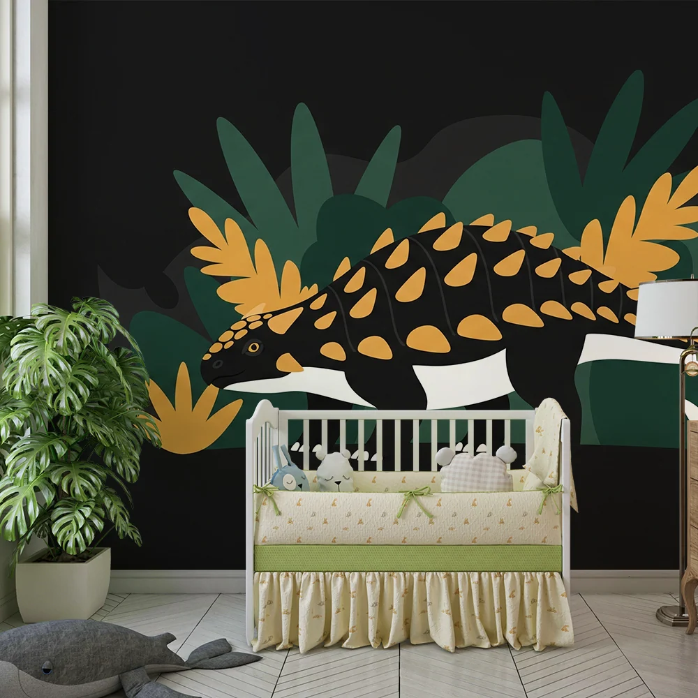 Papier peint chambre enfant | Dinosaure coloré dans une jungle stylisée