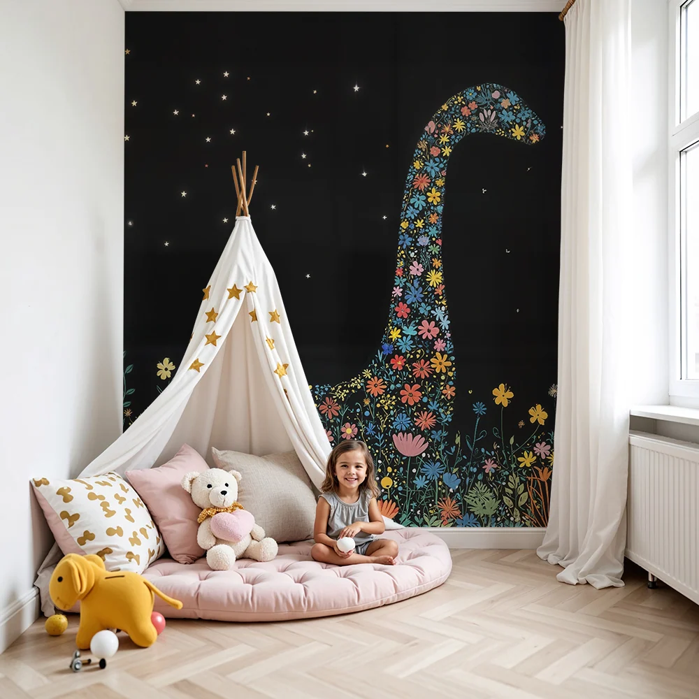 Papier peint chambre enfant | Dinosaure fleuri et ciel étoilé
