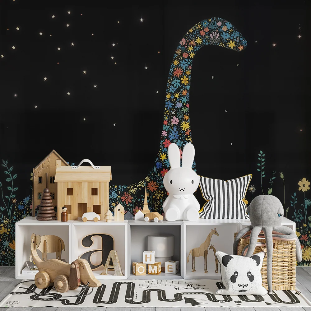 Papier peint chambre enfant | Dinosaure fleuri et ciel étoilé