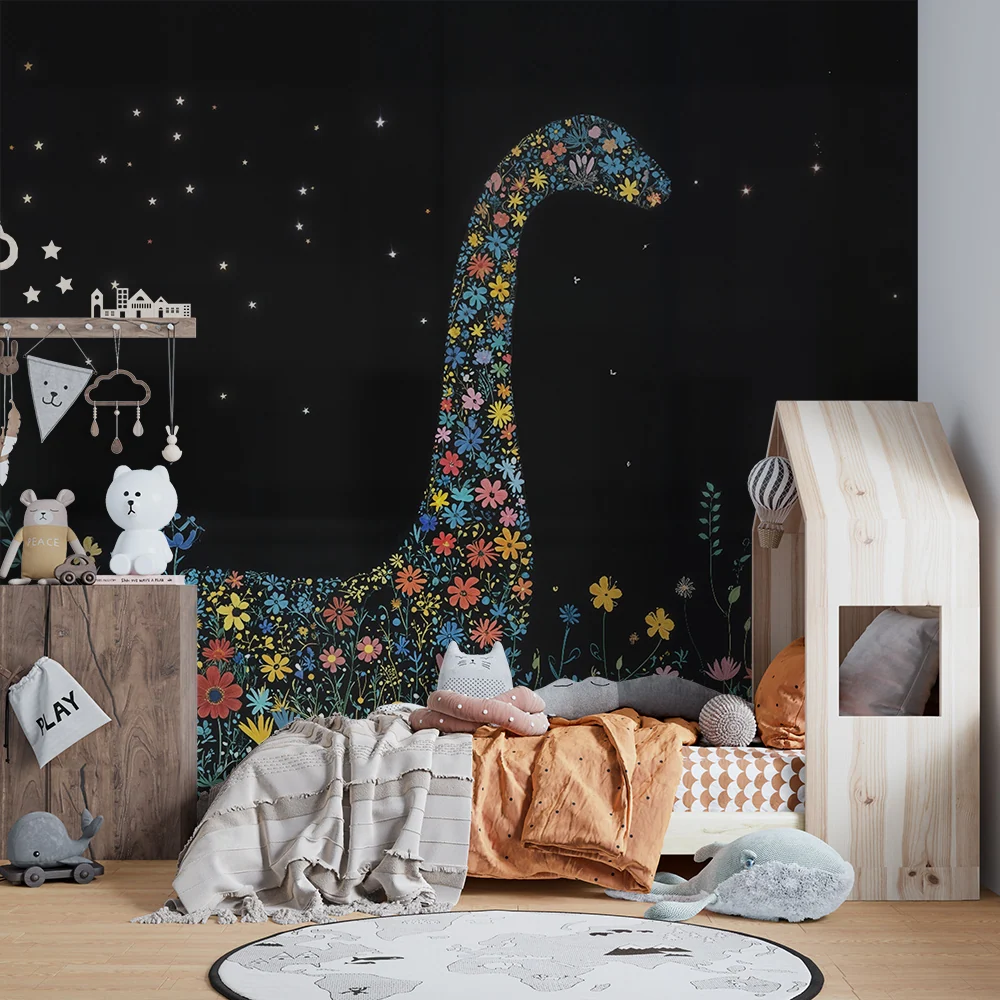 Papier peint chambre enfant | Dinosaure fleuri et ciel étoilé