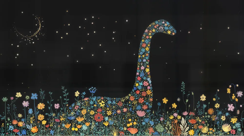 Papier peint chambre enfant | Dinosaure fleuri et ciel étoilé