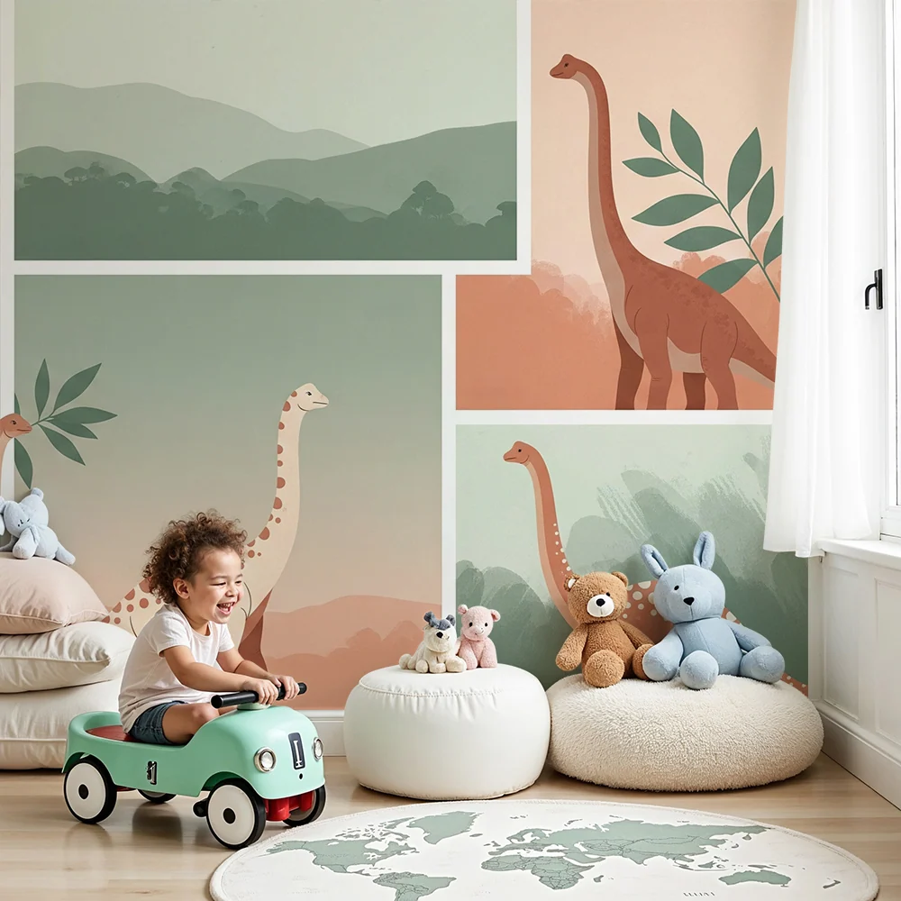 Papier peint chambre enfant | Dinosaures colorés dans un paysage doux
