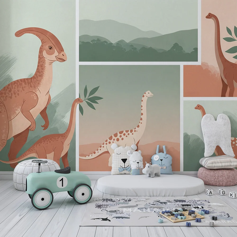 Papier peint chambre enfant | Dinosaures colorés dans un paysage doux