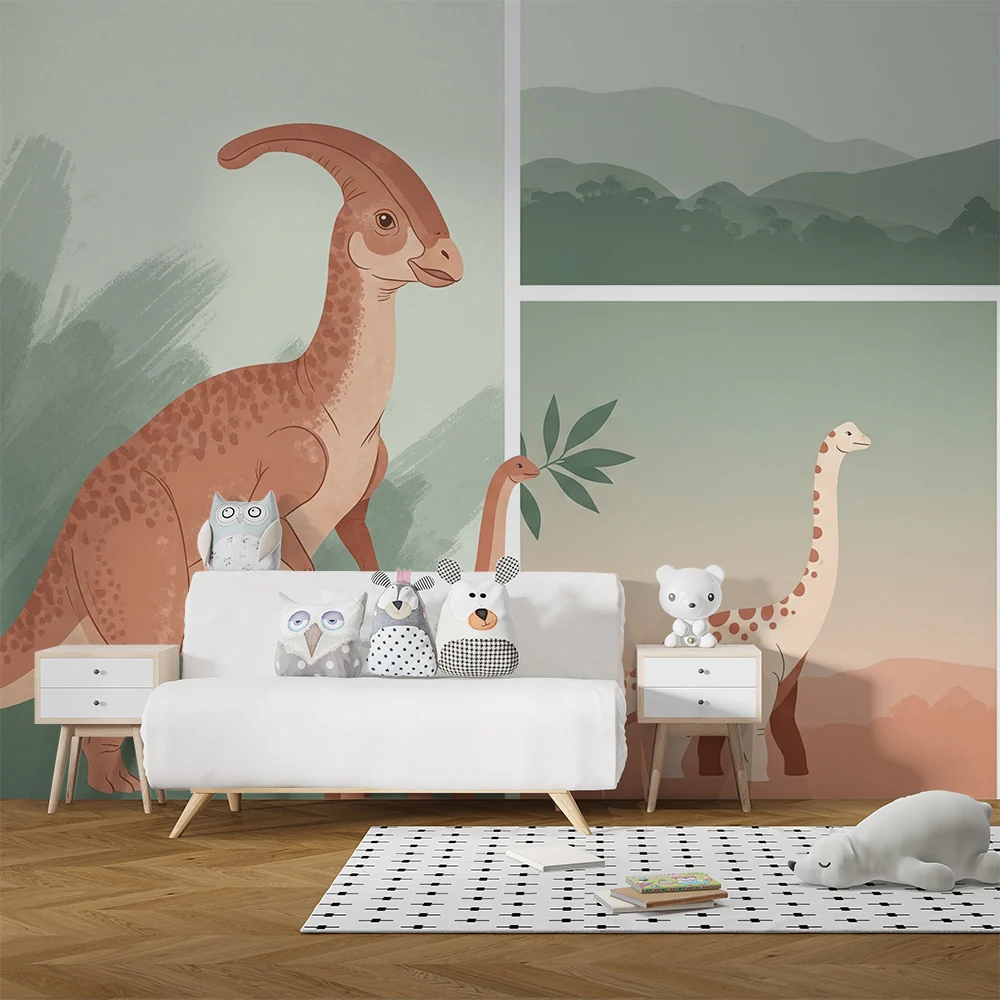 Papier peint chambre enfant | Dinosaures colorés dans un paysage doux
