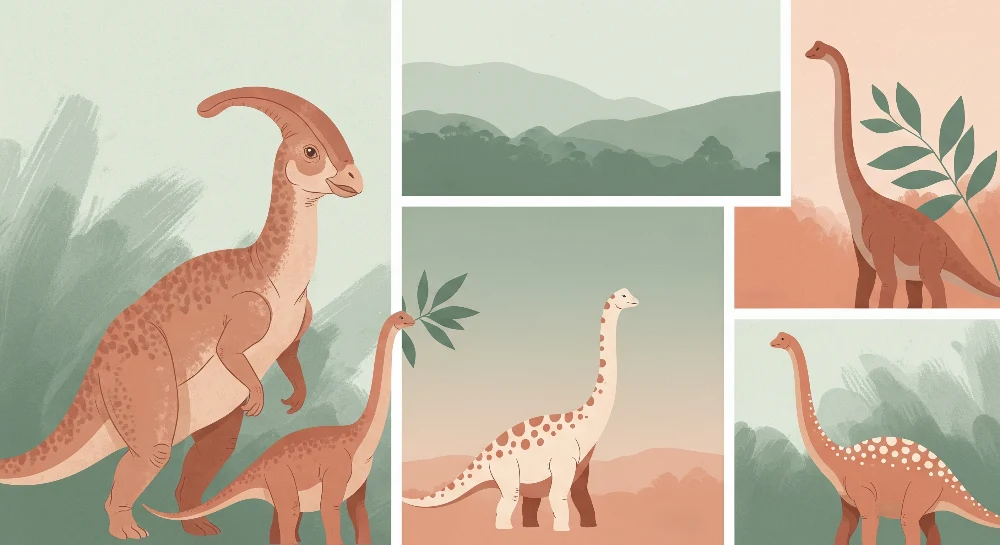 Papier peint chambre enfant | Dinosaures colorés dans un paysage doux