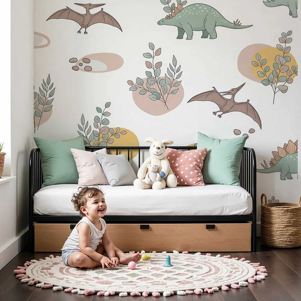 Papier peint chambre enfant | Dinosaures colorés et feuillage doux sur fond clair