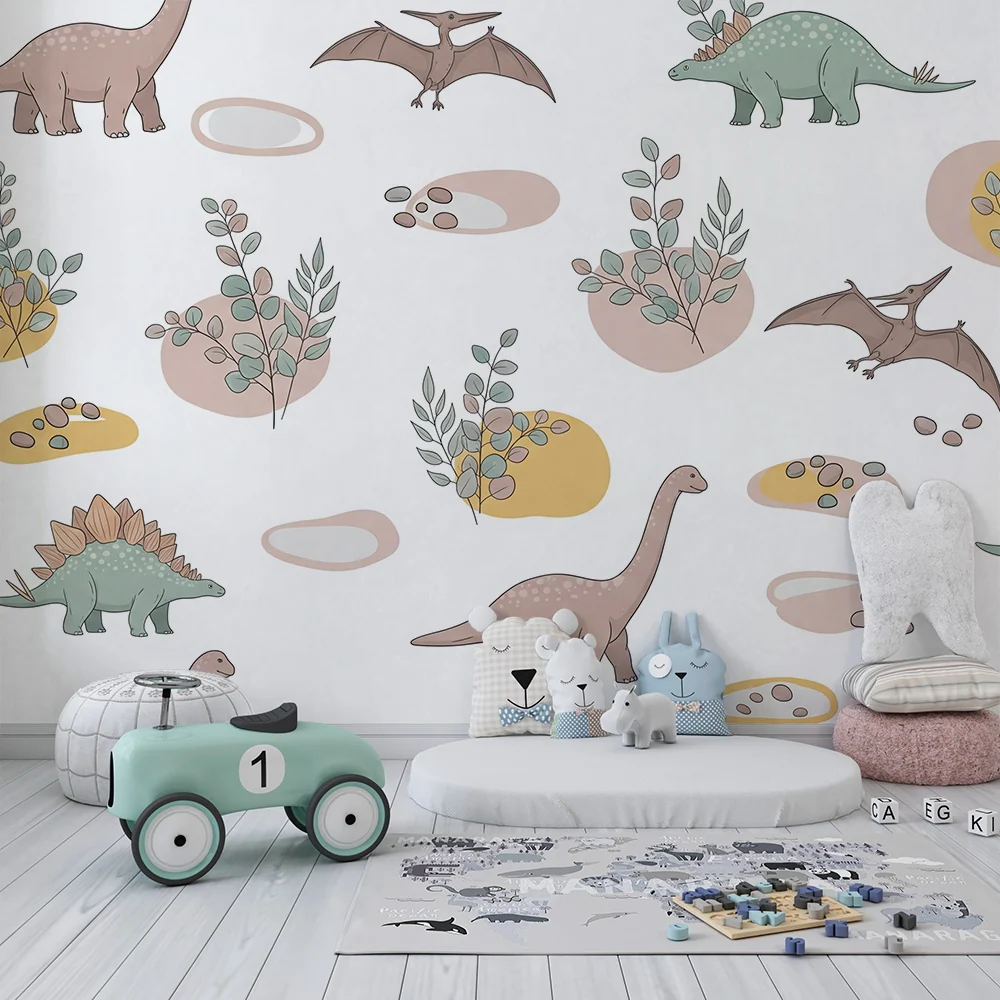 Papier peint chambre enfant | Dinosaures colorés et feuillage doux sur fond clair