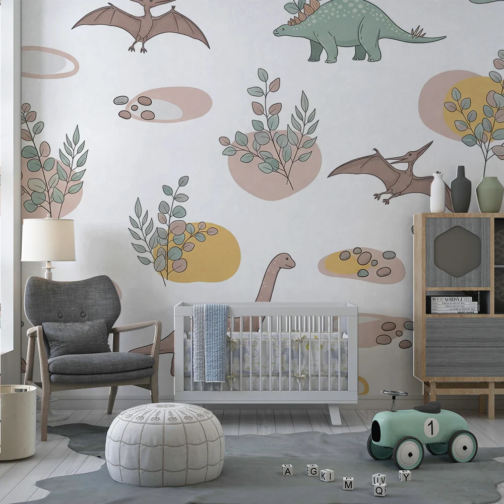 Papier peint chambre enfant | Dinosaures colorés et feuillage doux sur fond clair