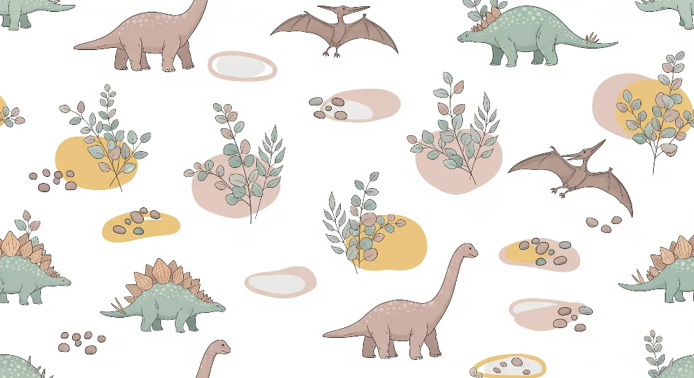 Papier peint chambre enfant | Dinosaures colorés et feuillage doux sur fond clair