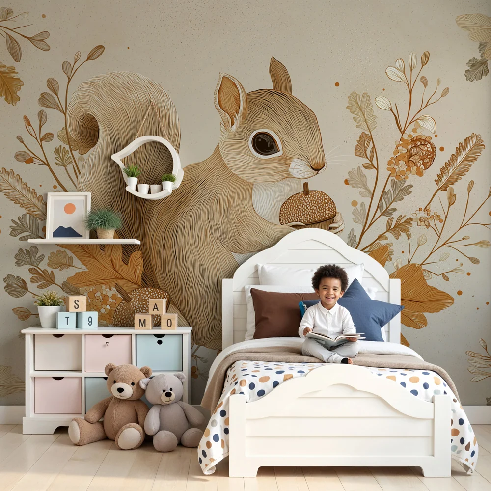 Papier peint chambre enfant | Ecureuil mignon parmi les feuilles d'automne