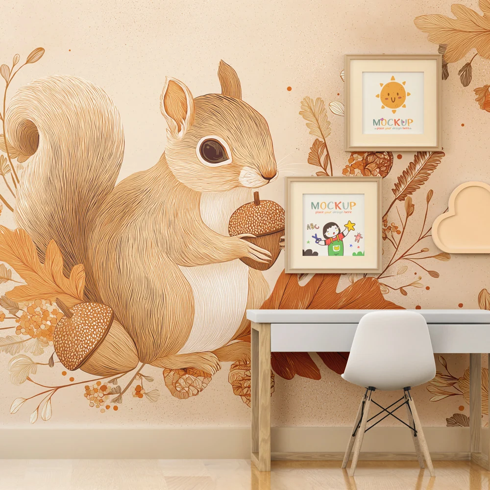 Papier peint chambre enfant | Ecureuil mignon parmi les feuilles d'automne