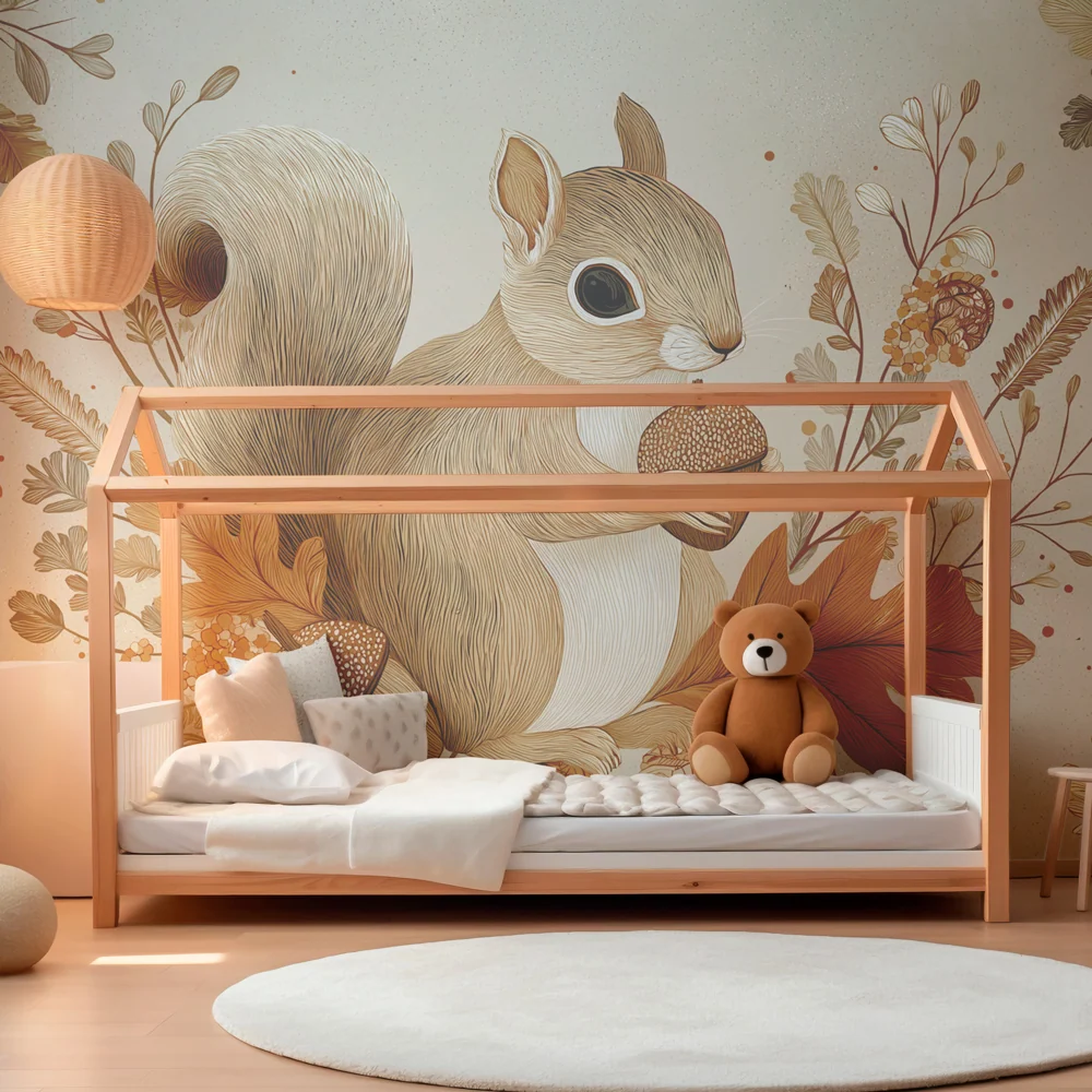 Papier peint chambre enfant | Ecureuil mignon parmi les feuilles d'automne