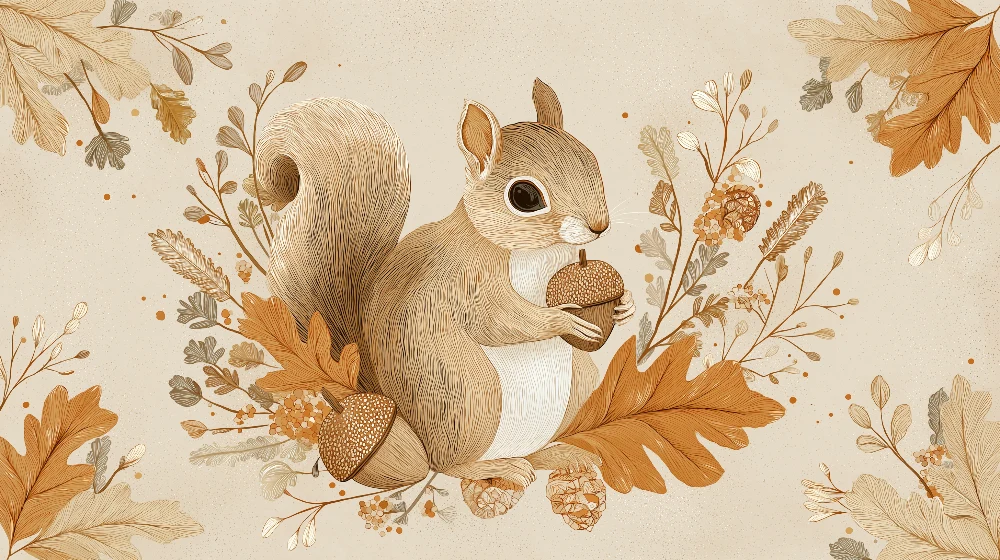 Papier peint chambre enfant | Ecureuil mignon parmi les feuilles d'automne