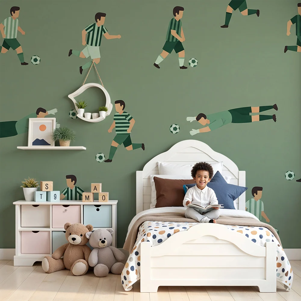 Papier peint chambre enfant | Enfants jouant au football sur un fond vert