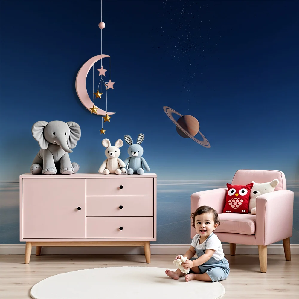 Papier peint chambre enfant | Exploration spatiale avec Saturne et ciel étoilé