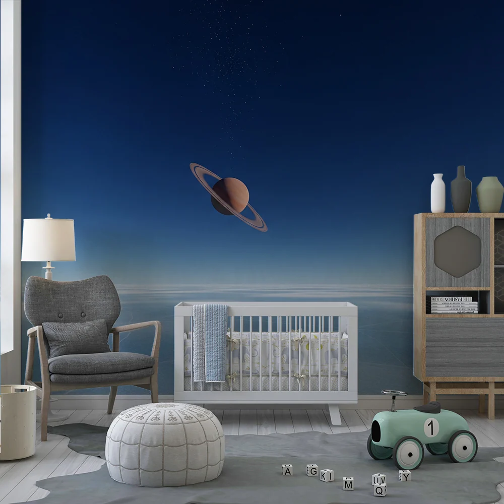 Papier peint chambre enfant | Exploration spatiale avec Saturne et ciel étoilé