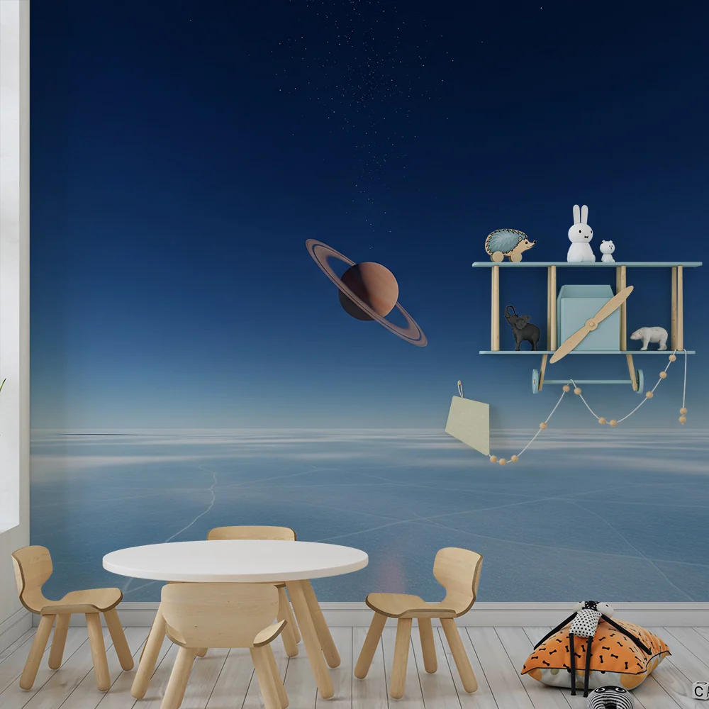 Papier peint chambre enfant | Exploration spatiale avec Saturne et ciel étoilé