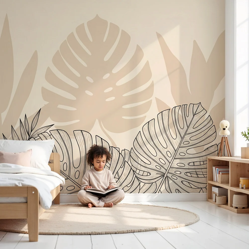 Papier peint chambre enfant | Feuilles tropicales beige avec ombre