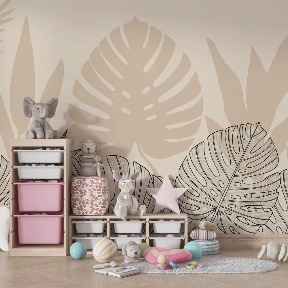 Papier peint chambre enfant | Feuilles tropicales beige avec ombre