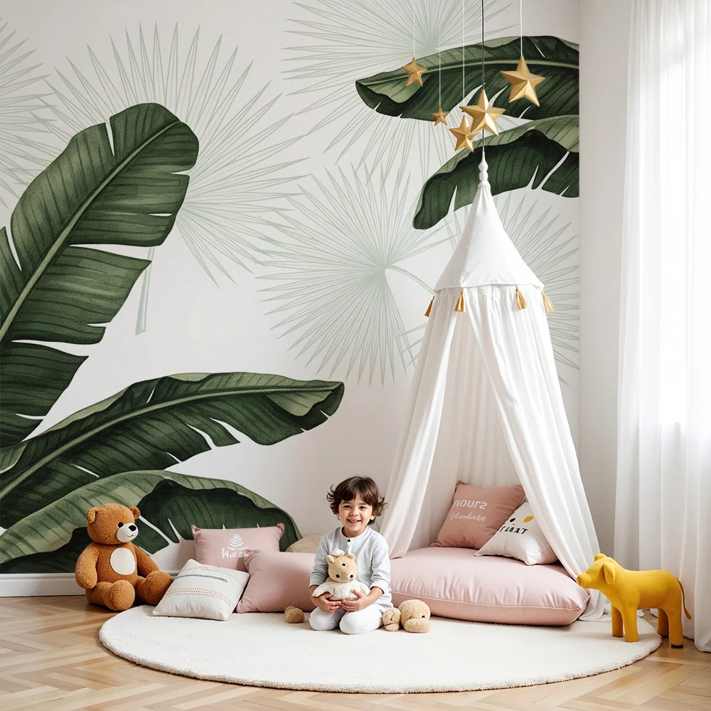 Papier peint chambre enfant | Feuilles tropicales luxuriantes sur fond clair