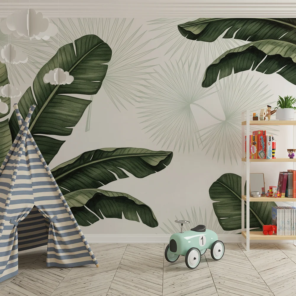Papier peint chambre enfant | Feuilles tropicales luxuriantes sur fond clair