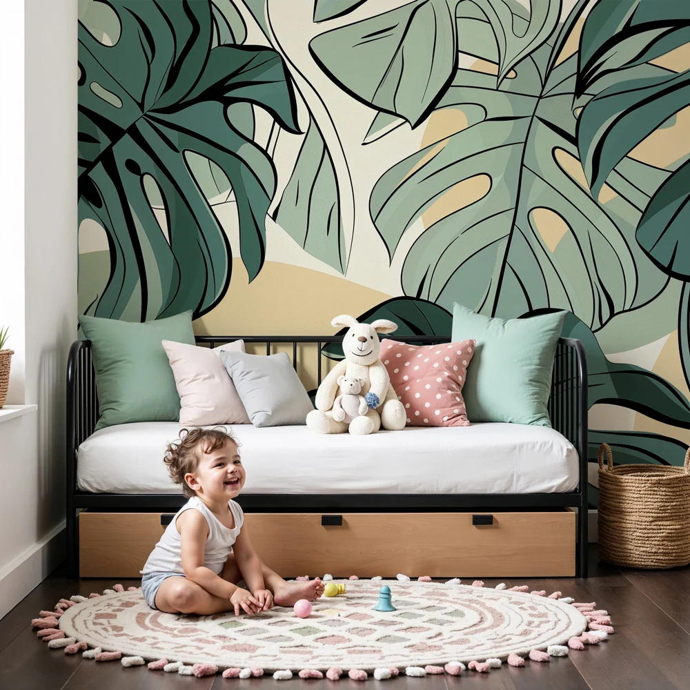 Papier peint chambre enfant | Feuilles tropicales monsteras et ambiance apaisante