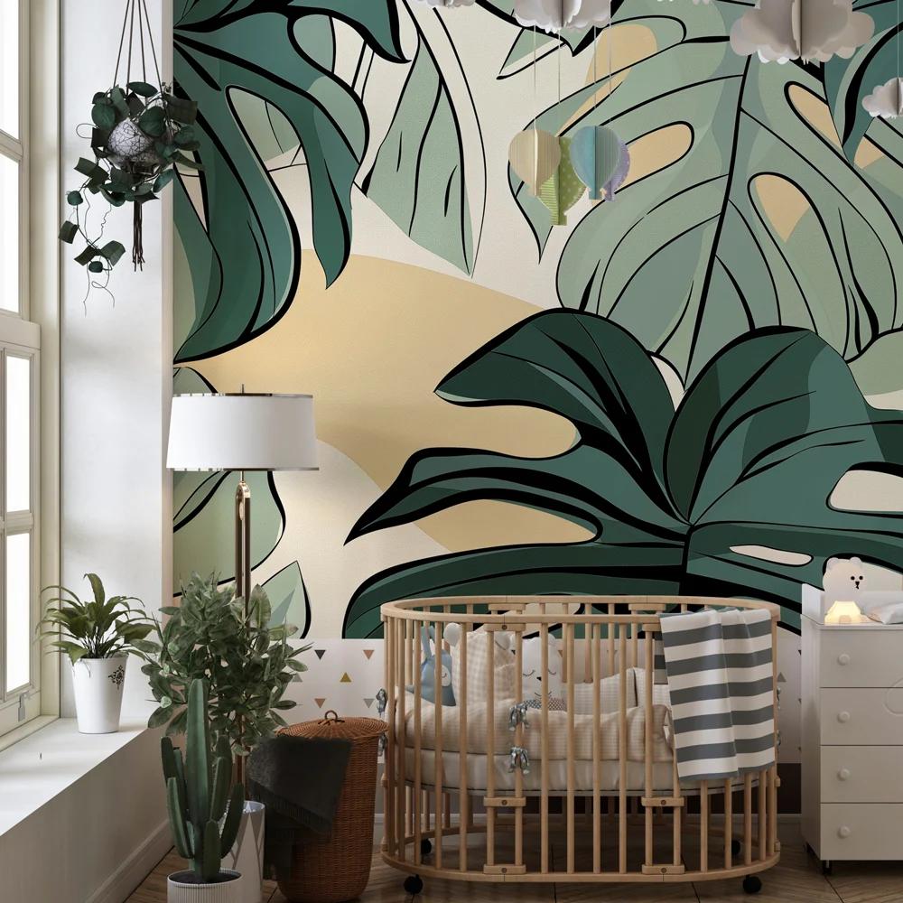 Papier peint chambre enfant | Feuilles tropicales monsteras et ambiance apaisante