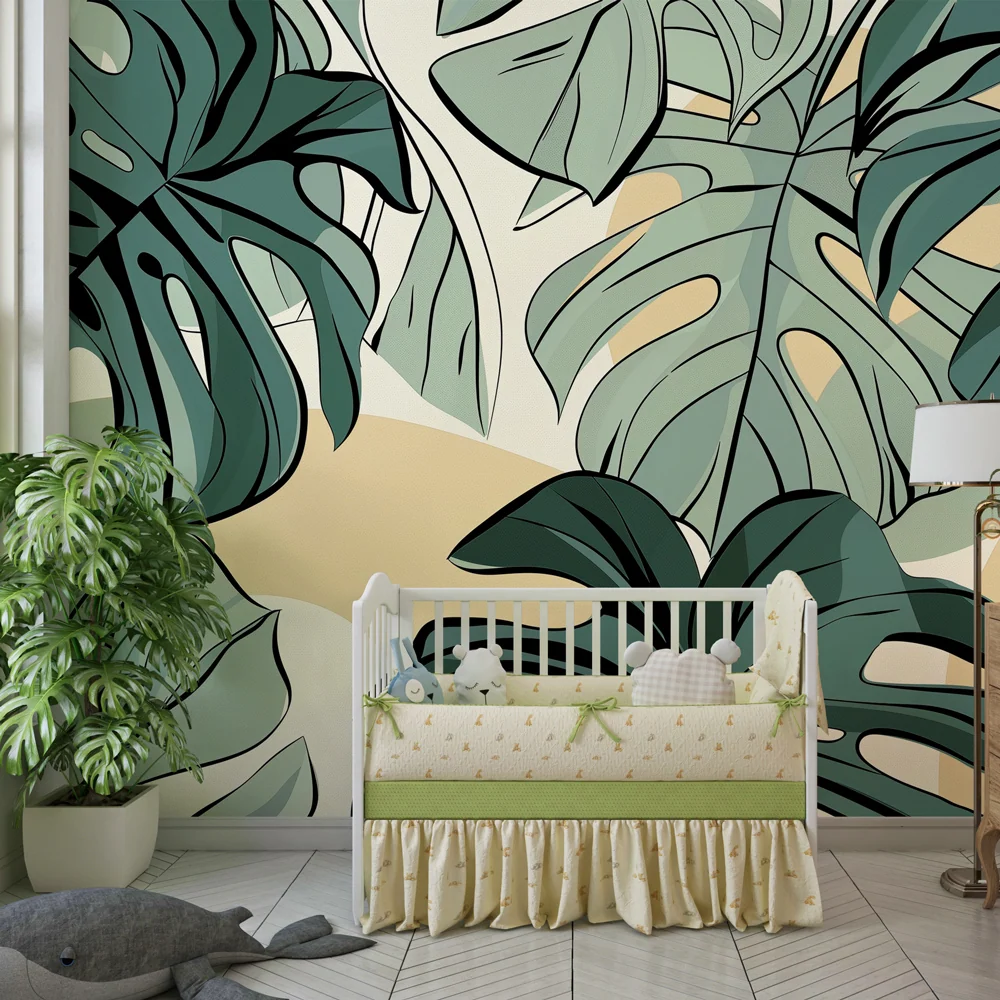Papier peint chambre enfant | Feuilles tropicales monsteras et ambiance apaisante