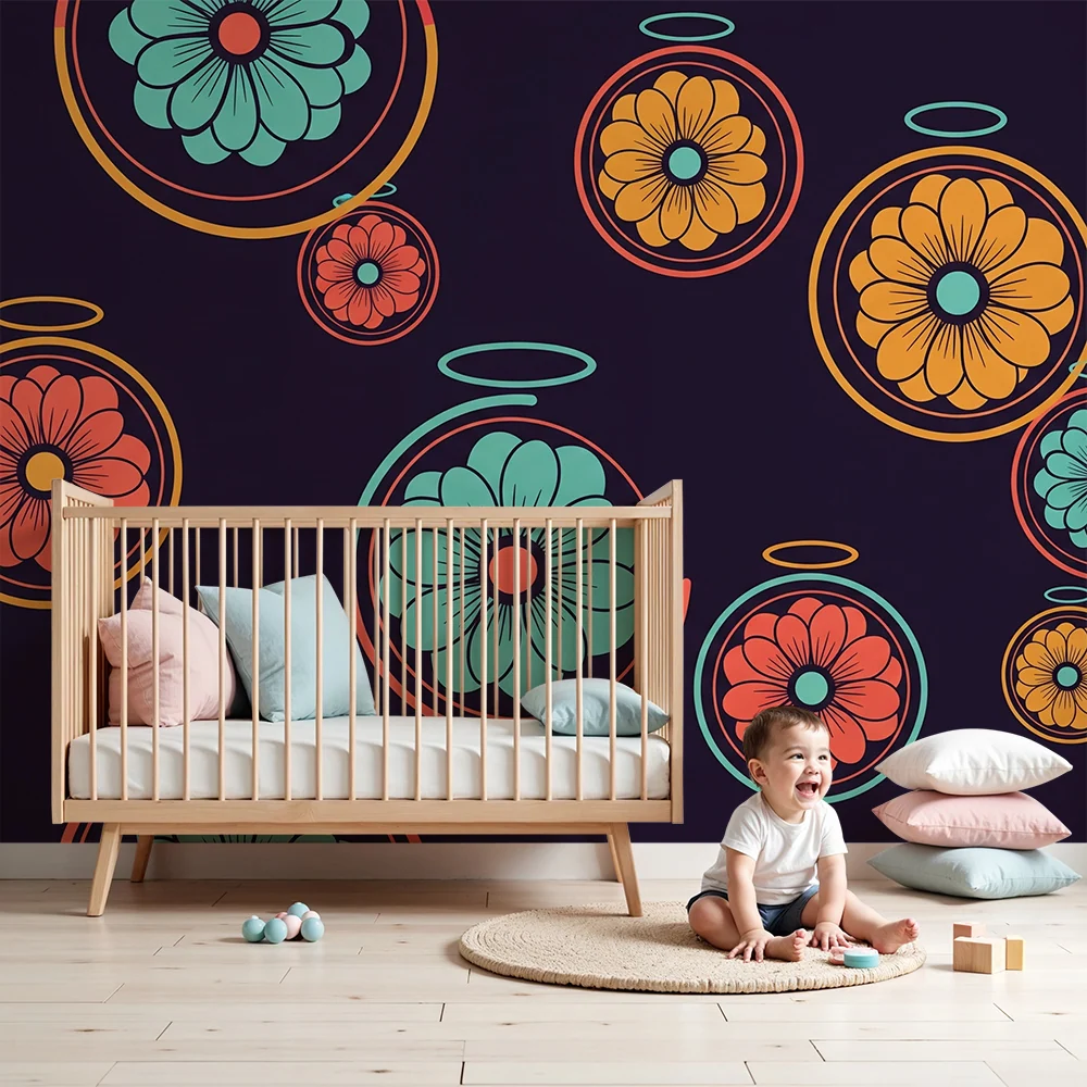 Papier peint chambre enfant | Fleurs colorées dans des cercles sur fond sombre