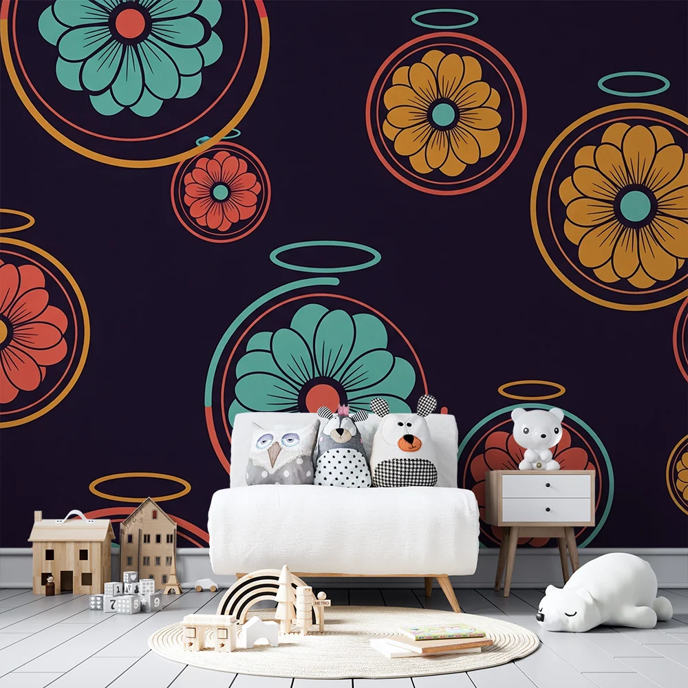 Papier peint chambre enfant | Fleurs colorées dans des cercles sur fond sombre