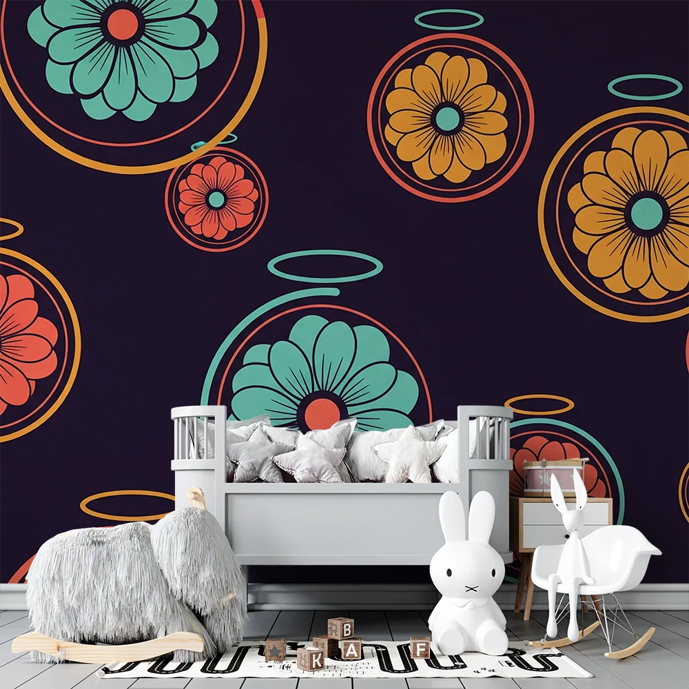 Papier peint chambre enfant | Fleurs colorées dans des cercles sur fond sombre